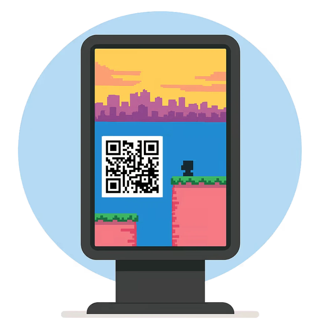 Illustration: vertical screen on a stand with QR code and pixel game, trade show use
