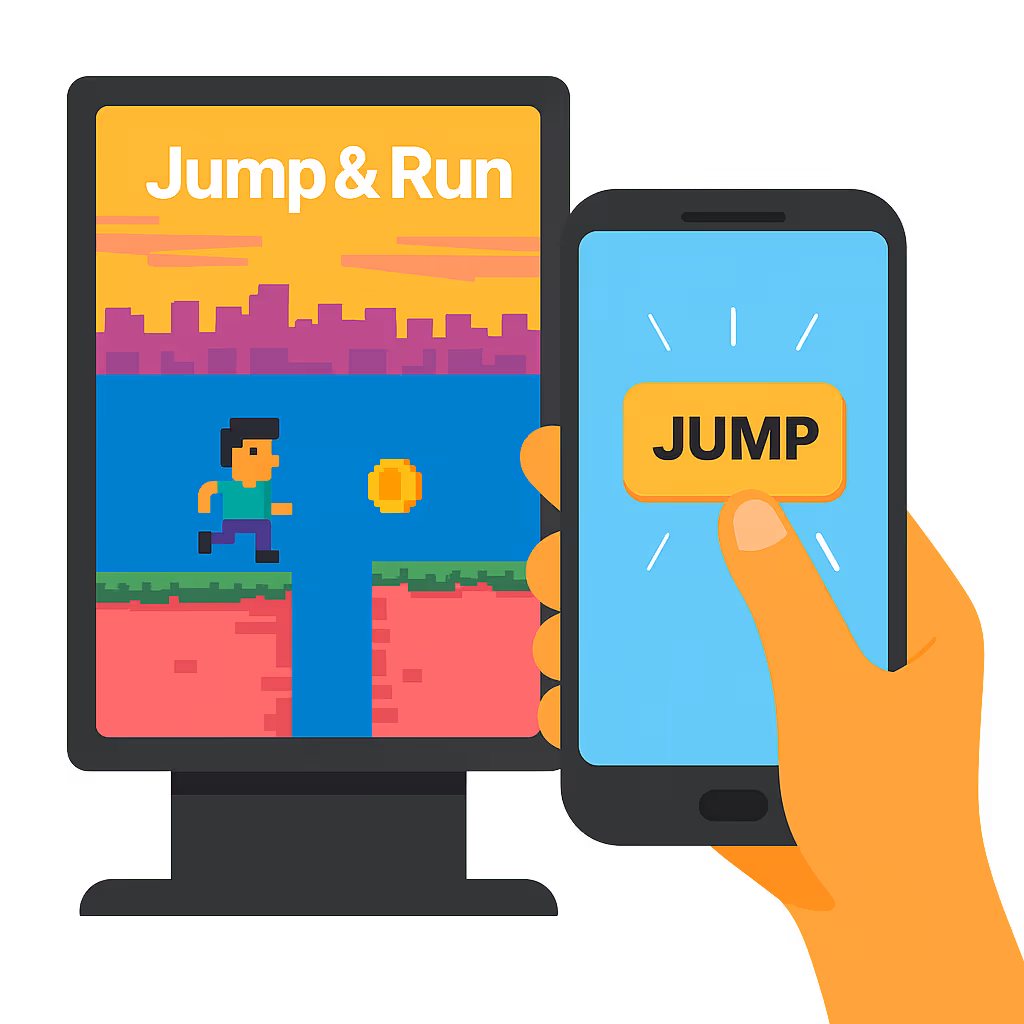 Illustration: large screen with jump-and-run game, smartphone serves as controller