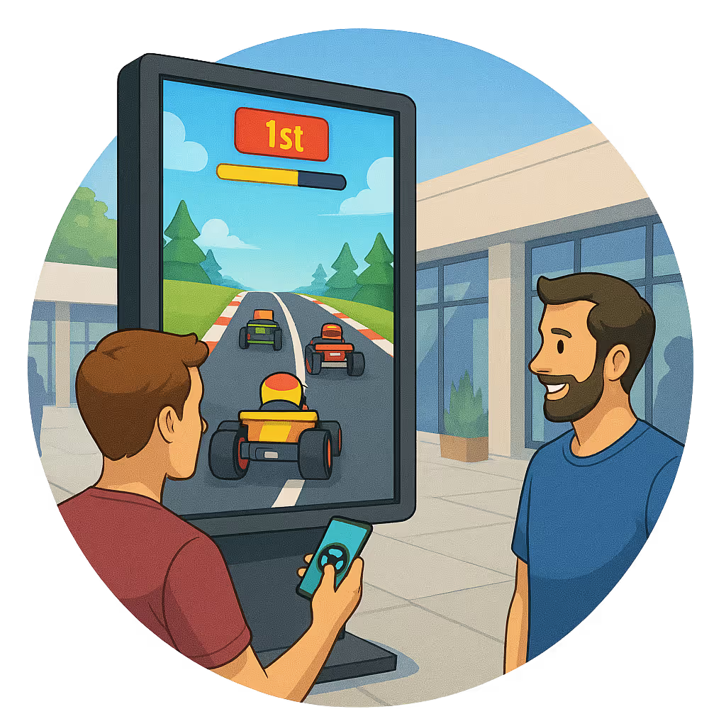 Illustration: interactive digital signage in public space, audience and game on large display