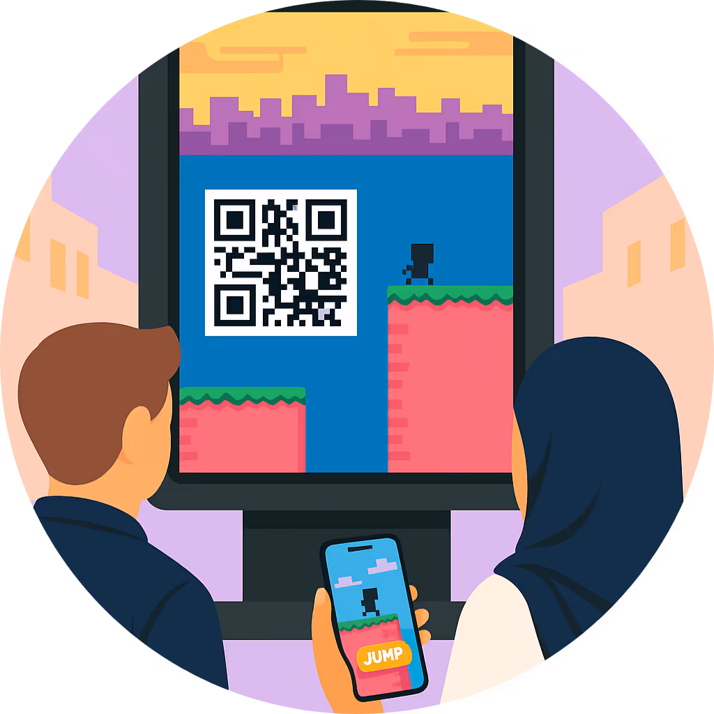 Illustration: people in front of a digital storefront display with QR code and smartphone control