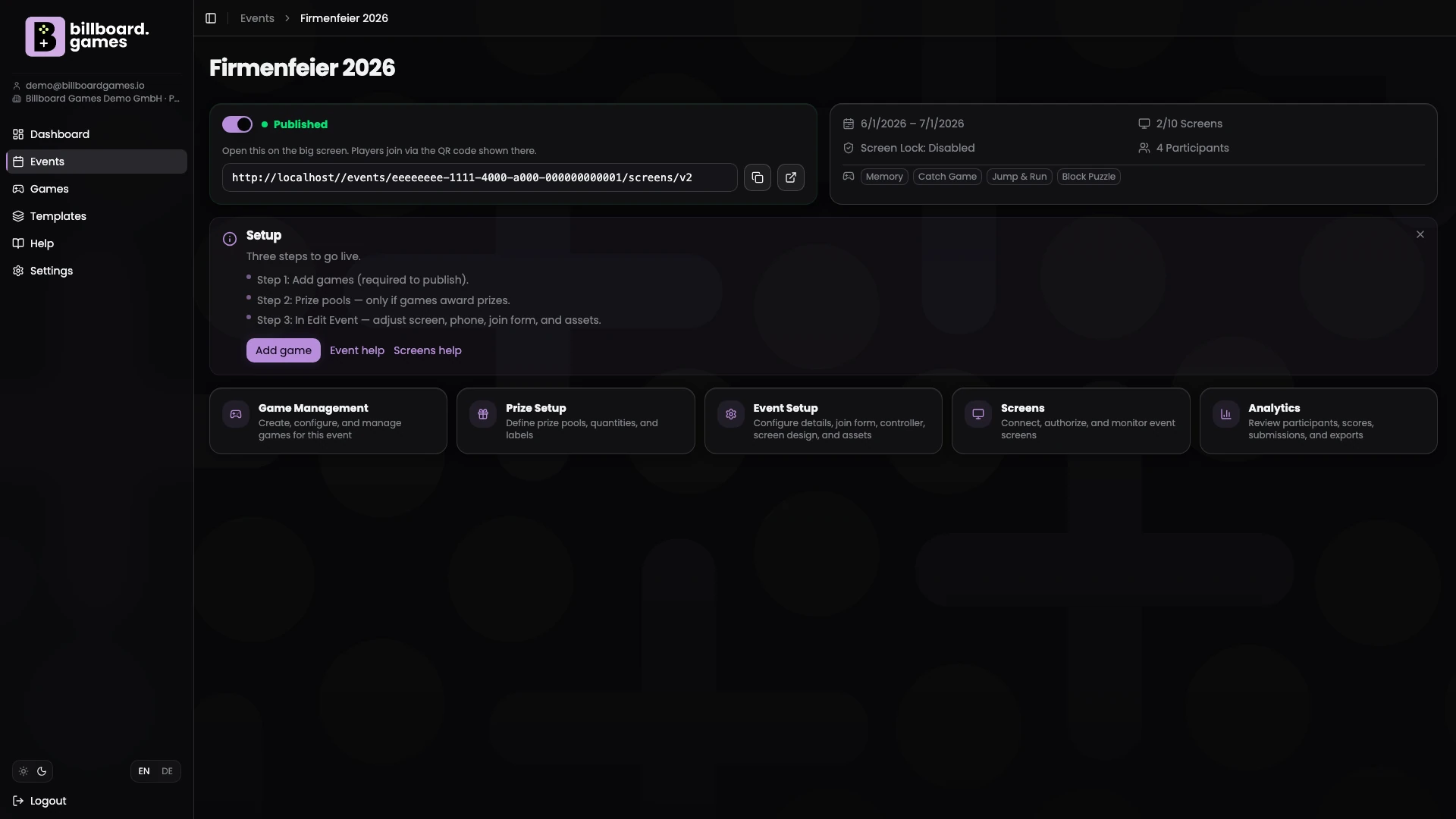 GameHub: event detail view with status and metadata