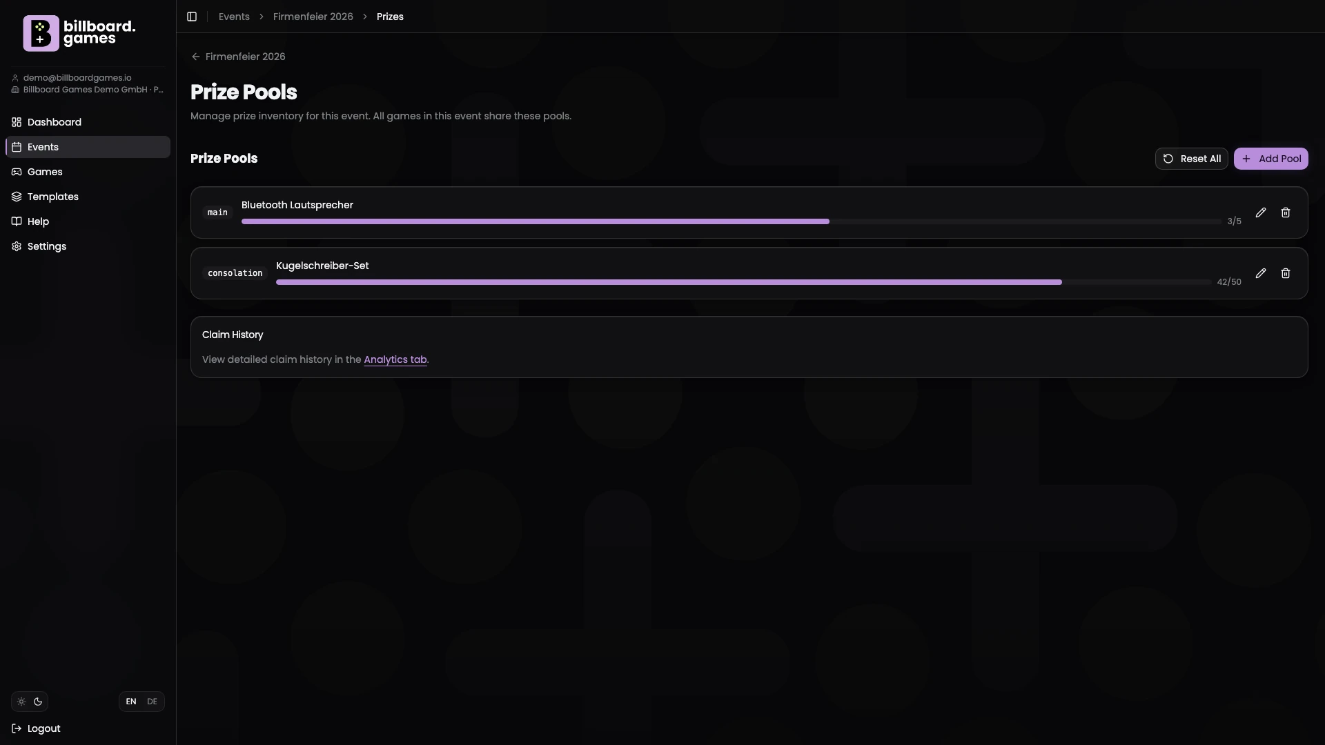 GameHub: prize and pool configuration