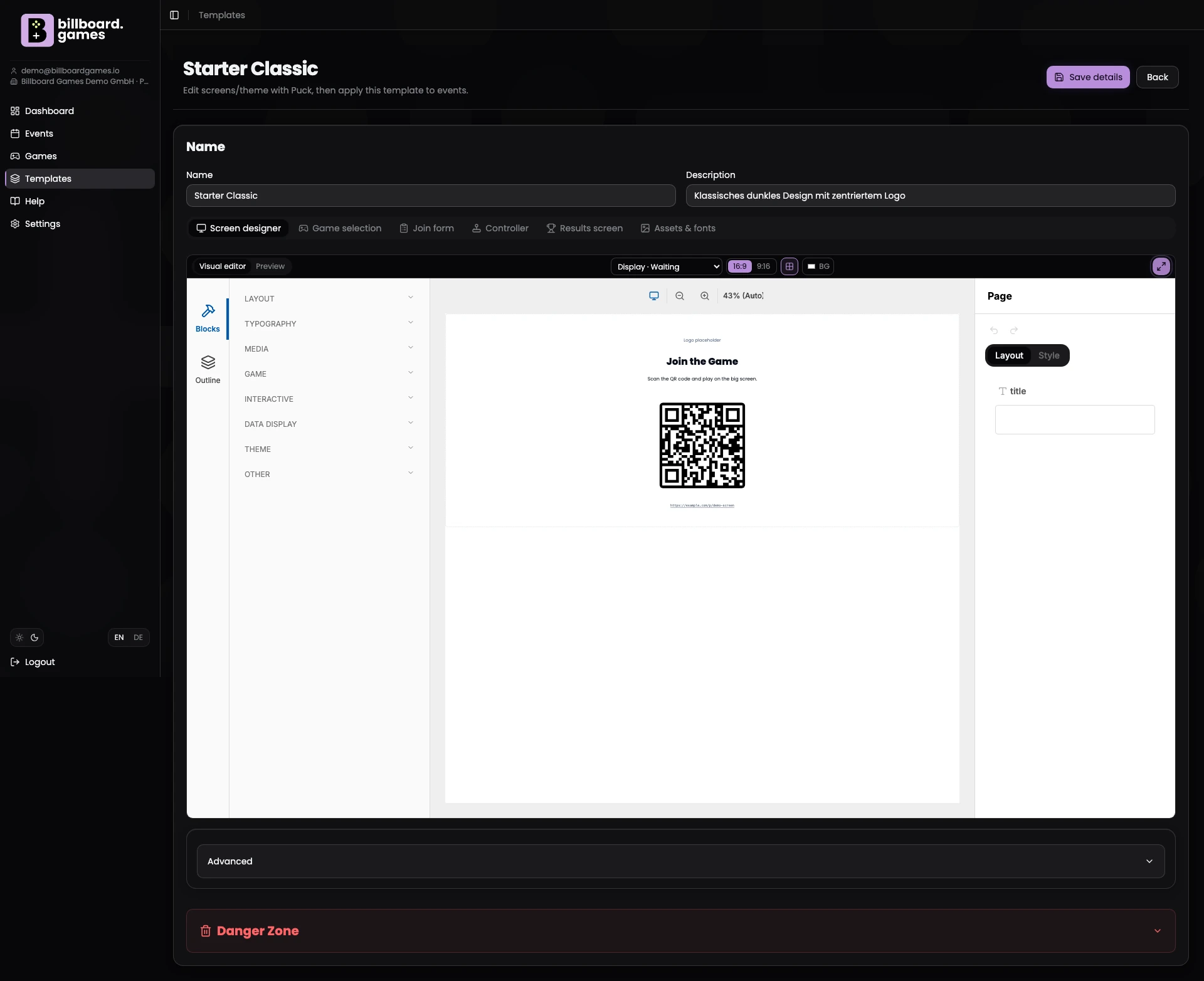 GameHub: visual editor for game templates and branding
